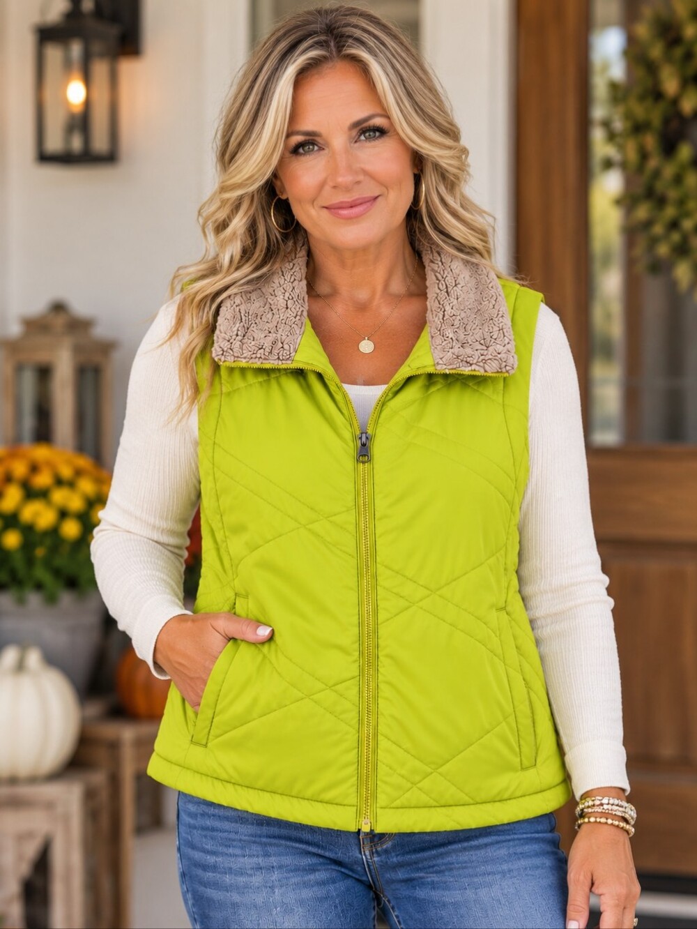 Columbia Women's Lime Quilted Vest with Fleece Collar